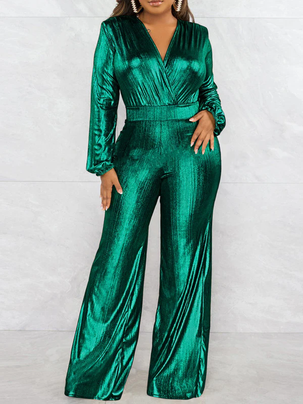 Bodycon High Waisted Elasticity Shiny Solid Color V-Neck Jumpsuits - Image 2