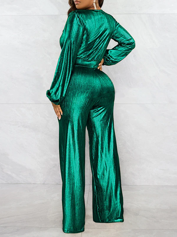 Bodycon High Waisted Elasticity Shiny Solid Color V-Neck Jumpsuits - Image 3