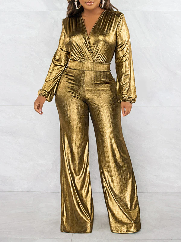 Bodycon High Waisted Elasticity Shiny Solid Color V-Neck Jumpsuits - Image 4