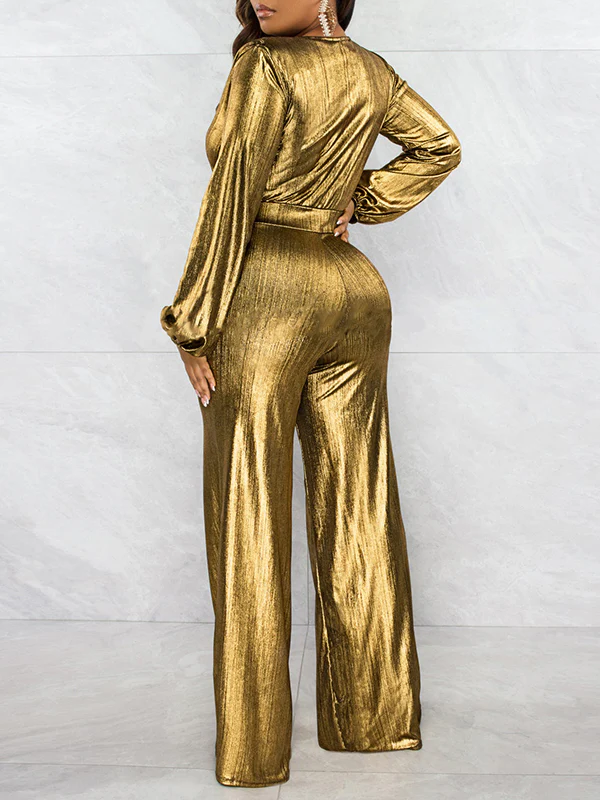 Bodycon High Waisted Elasticity Shiny Solid Color V-Neck Jumpsuits - Image 5