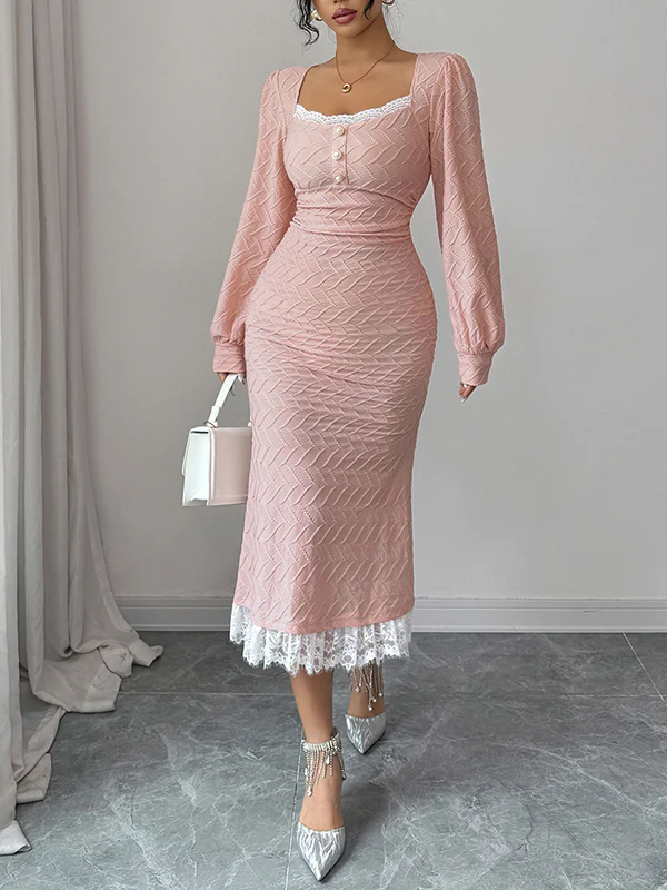 Bodycon High Waisted Lacy Pleated Solid Color Split-Joint Zipper Square-Neck Midi Dresses - Image 2