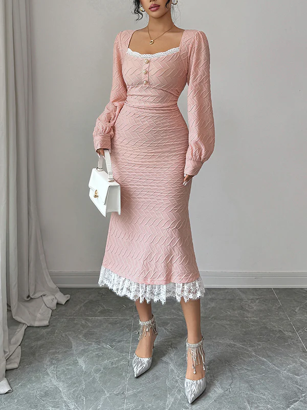 Bodycon High Waisted Lacy Pleated Solid Color Split-Joint Zipper Square-Neck Midi Dresses - Image 4