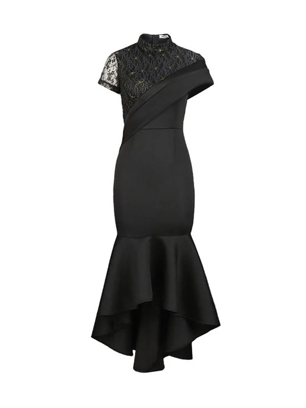 Bodycon High Waisted Ruffle Trim Solid Color Split-Joint Round-Neck Midi Dresses - Image 7