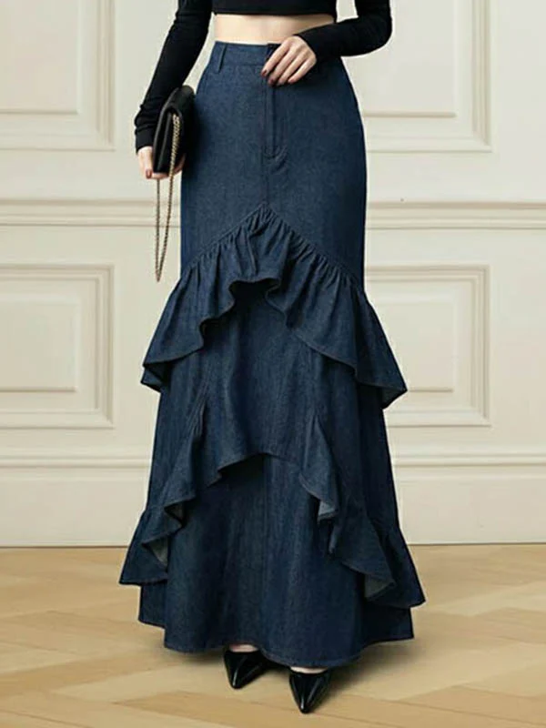 Bodycon High Waisted Ruffled Solid Color Split-Joint Skirts Bottoms - Image 2