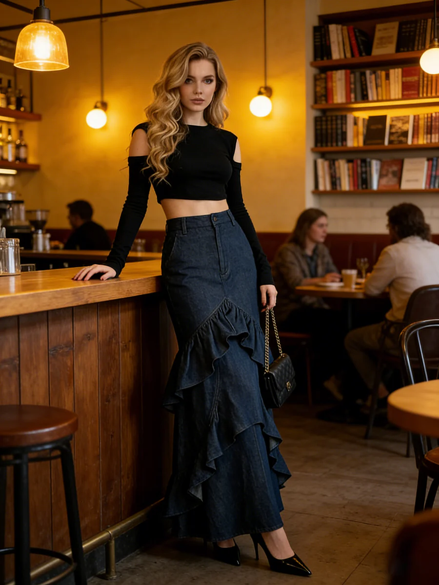 Bodycon High Waisted Ruffled Solid Color Split-Joint Skirts Bottoms - Image 3