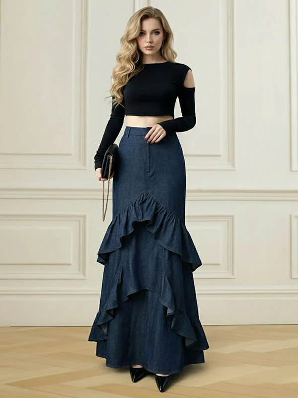 Bodycon High Waisted Ruffled Solid Color Split-Joint Skirts Bottoms - Image 4