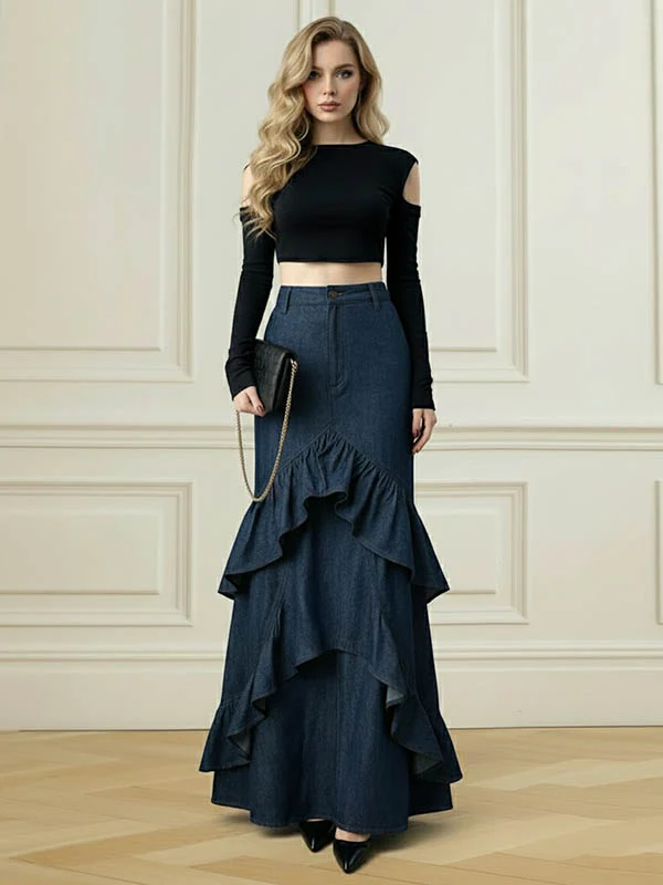 Bodycon High Waisted Ruffled Solid Color Split-Joint Skirts Bottoms - Image 5