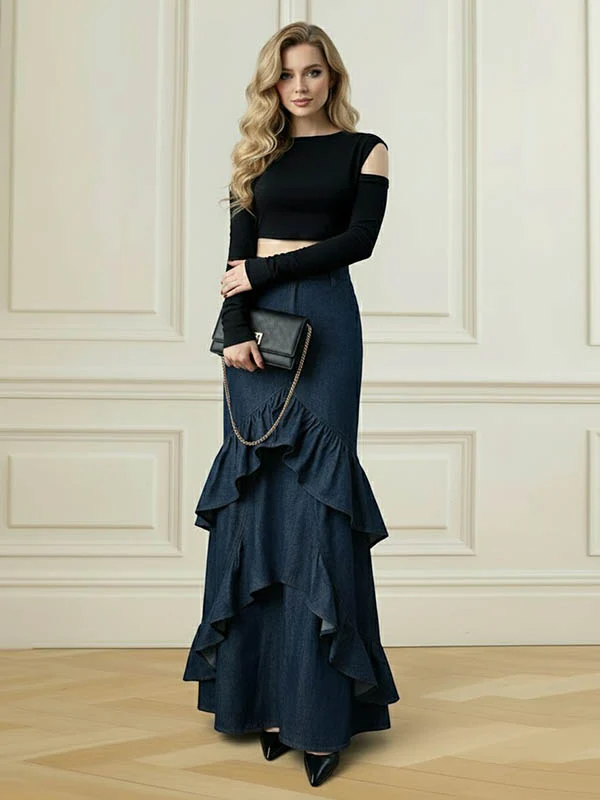 Bodycon High Waisted Ruffled Solid Color Split-Joint Skirts Bottoms - Image 6