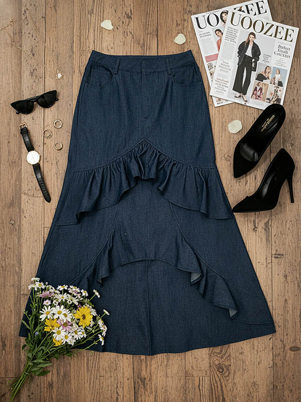 Bodycon High Waisted Ruffled Solid Color Split-Joint Skirts Bottoms - Image 7