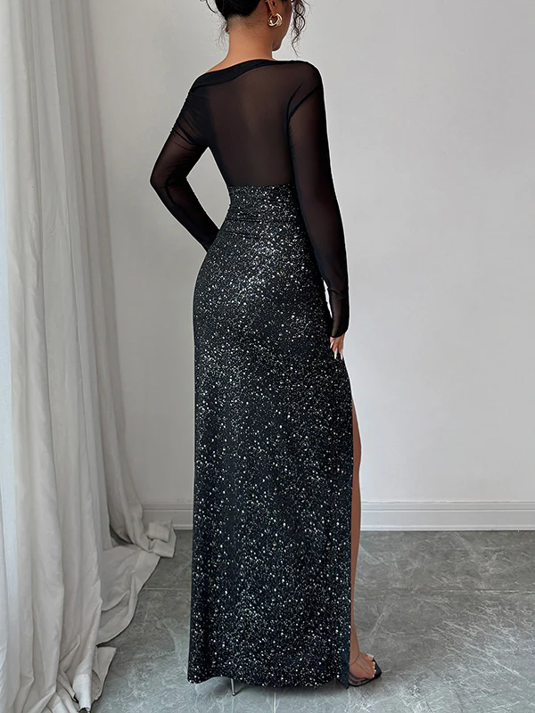 Bodycon High Waisted Shiny Split-Joint Split-Side One-Shoulder Maxi Dresses - Image 5