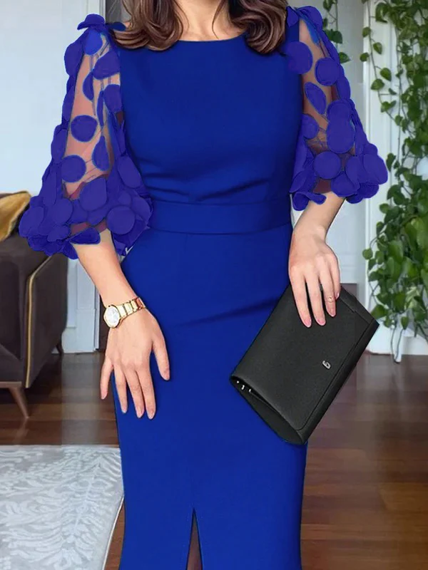 Bodycon High Waisted Solid Color Split-Front Split-Joint Round-Neck Midi Dresses - Image 4