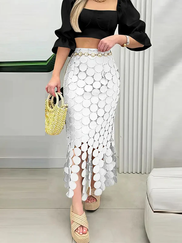 Bodycon High Waisted Solid Color Split-Joint Tasseled Skirts - Image 2