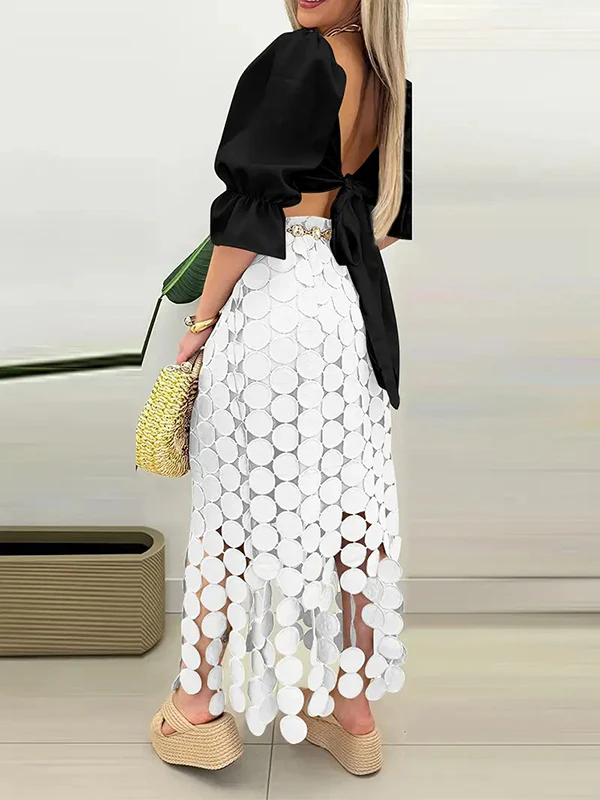 Bodycon High Waisted Solid Color Split-Joint Tasseled Skirts - Image 3