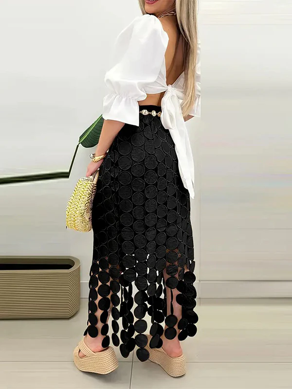 Bodycon High Waisted Solid Color Split-Joint Tasseled Skirts - Image 4