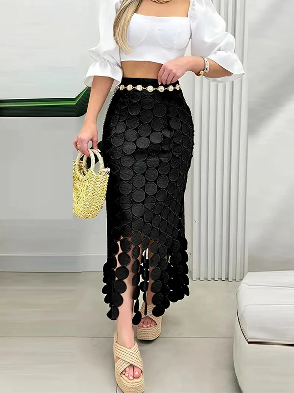 Bodycon High Waisted Solid Color Split-Joint Tasseled Skirts - Image 5