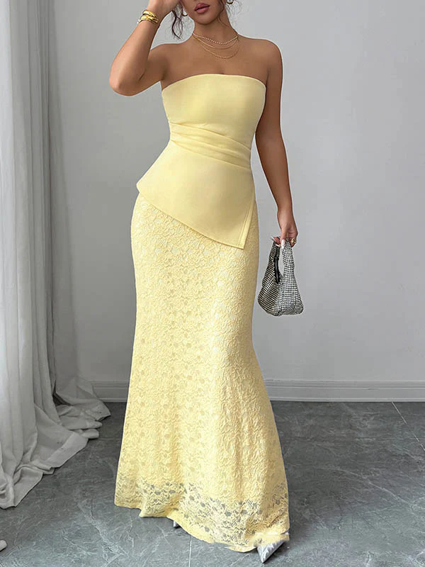 Bodycon Irregularity Lacy Pleated Solid Color Split-Joint Tube Maxi Dresses - Image 2