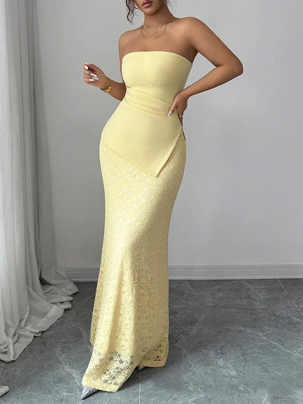 Bodycon Irregularity Lacy Pleated Solid Color Split-Joint Tube Maxi Dresses - Image 3