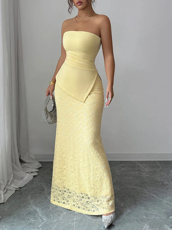 Bodycon Irregularity Lacy Pleated Solid Color Split-Joint Tube Maxi Dresses - Image 4