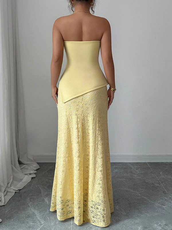 Bodycon Irregularity Lacy Pleated Solid Color Split-Joint Tube Maxi Dresses - Image 5