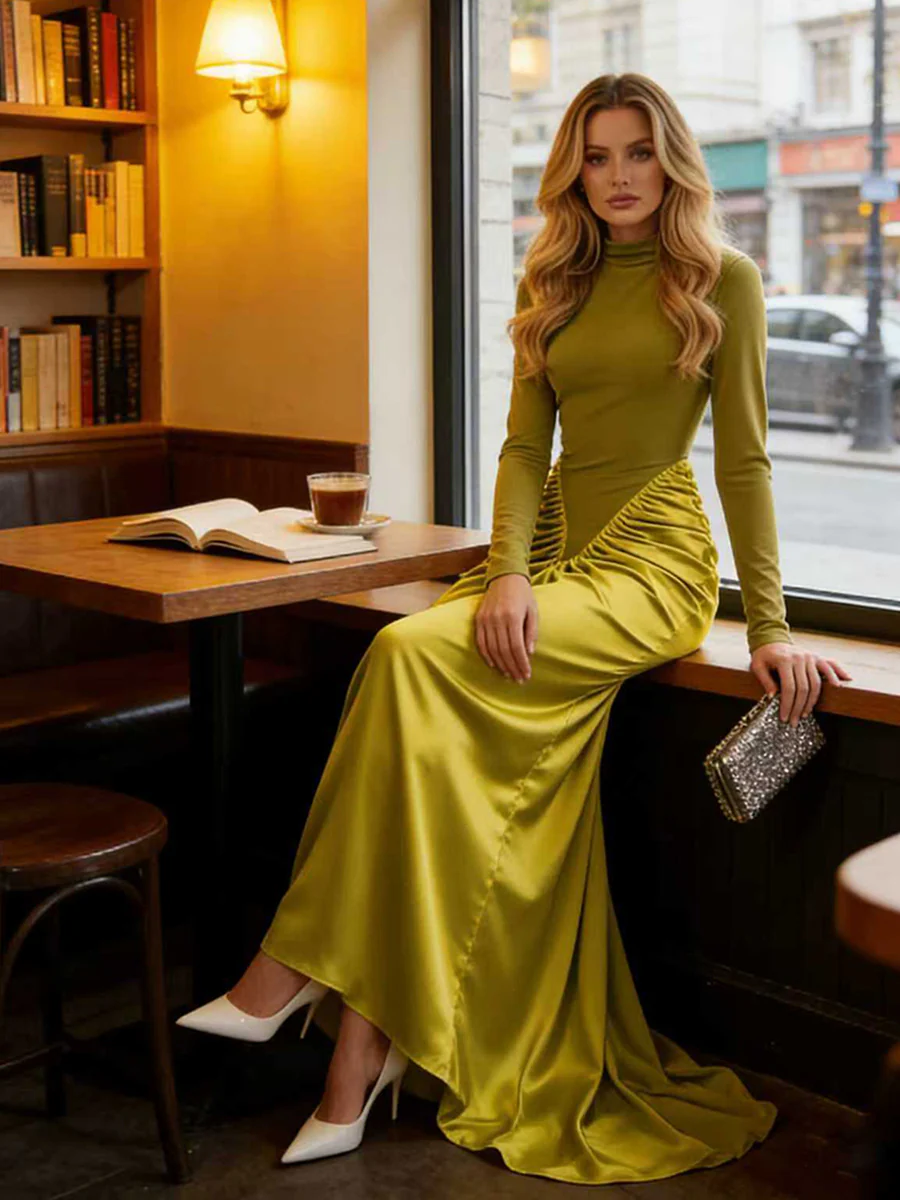 Bodycon Irregularity Pleated Split-Back Split-Joint Half Turtleneck Maxi Dresses - Image 4