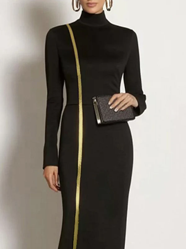 Bodycon Long Sleeves Asymmetric Split-Joint High Neck Maxi Dresses - Image 2