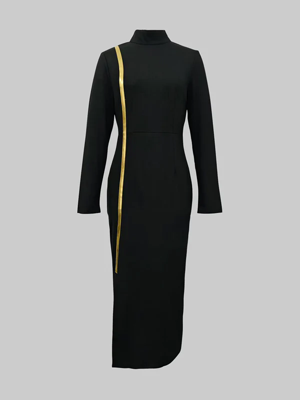 Bodycon Long Sleeves Asymmetric Split-Joint High Neck Maxi Dresses - Image 4