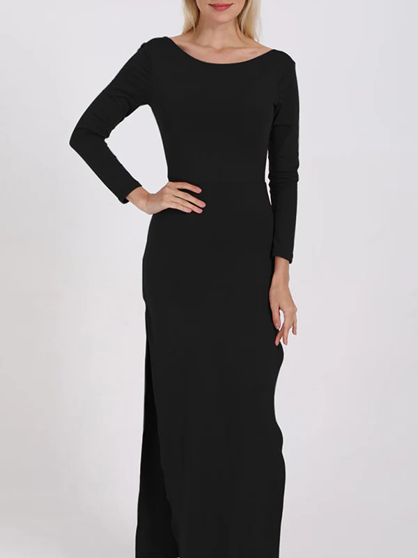 Bodycon Long Sleeves Backless Solid Color Split-Joint Split-Side Round-Neck Maxi Dresses - Image 6