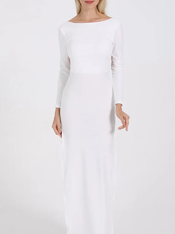 Bodycon Long Sleeves Backless Solid Color Split-Joint Split-Side Round-Neck Maxi Dresses - Image 9