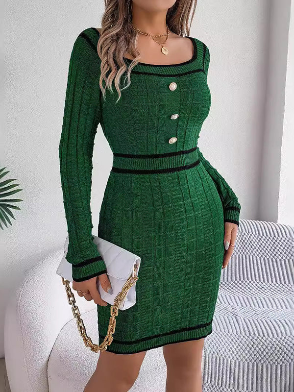 Bodycon Long Sleeves Buttoned Contrast Color Plaid Square-Neck Mini Dresses Sweater Dresses - Image 11