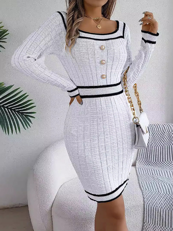 Bodycon Long Sleeves Buttoned Contrast Color Plaid Square-Neck Mini Dresses Sweater Dresses - Image 2