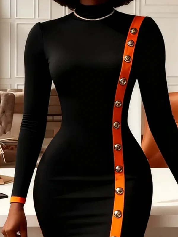 Bodycon Long Sleeves Buttoned Contrast Color Split-front Split-Joint Mock Neck Midi Dresses - Image 3