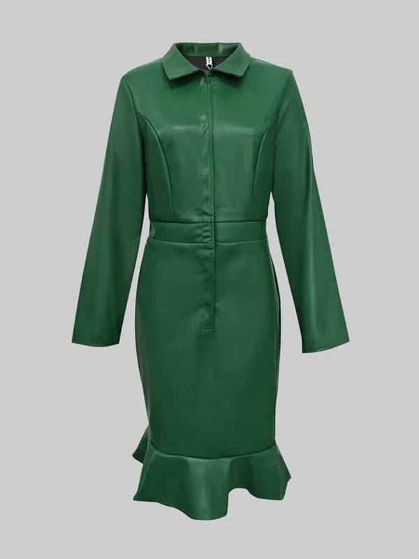 Bodycon Long Sleeves Buttoned Elasticity Ruffle Trim Solid Color Split-Joint Lapel Midi Dresses - Image 4