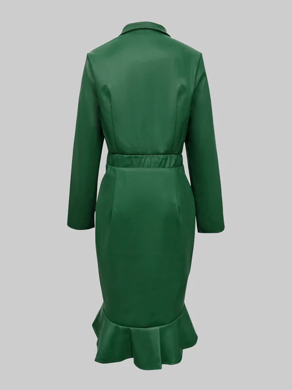 Bodycon Long Sleeves Buttoned Elasticity Ruffle Trim Solid Color Split-Joint Lapel Midi Dresses - Image 5