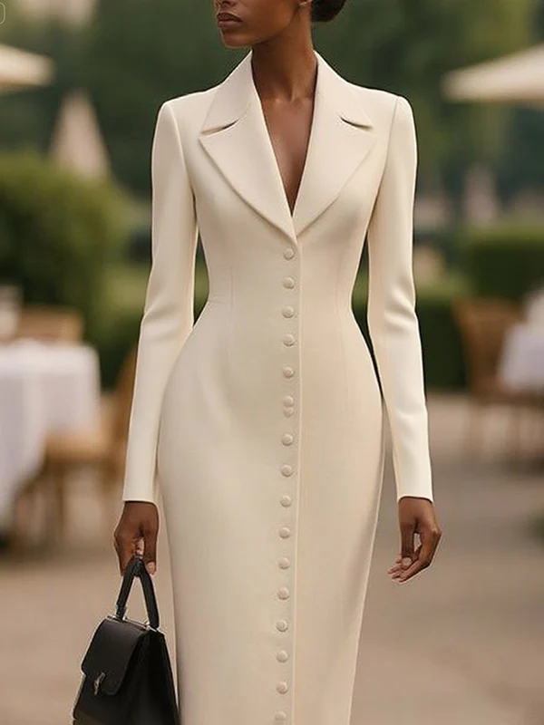 Bodycon Long Sleeves Buttoned Solid Color Notched Collar Midi Dresses Outerwear - Image 2