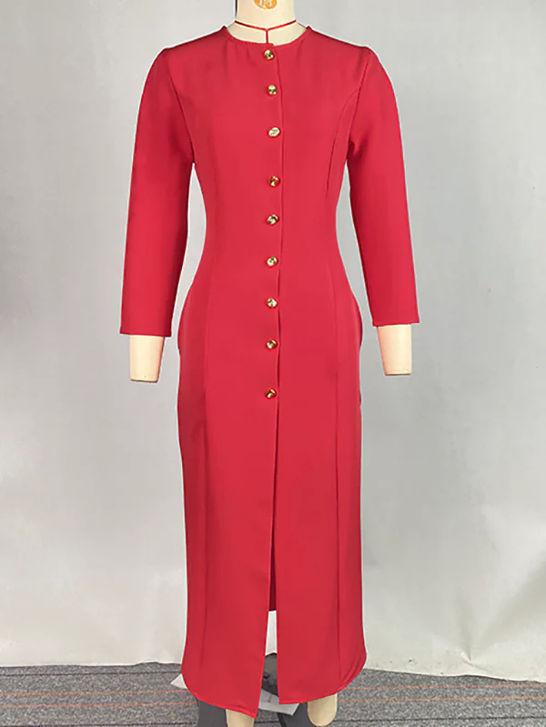 Bodycon Long Sleeves Buttoned Solid Color V-Neck Maxi Dresses Shirt Dress - Image 13