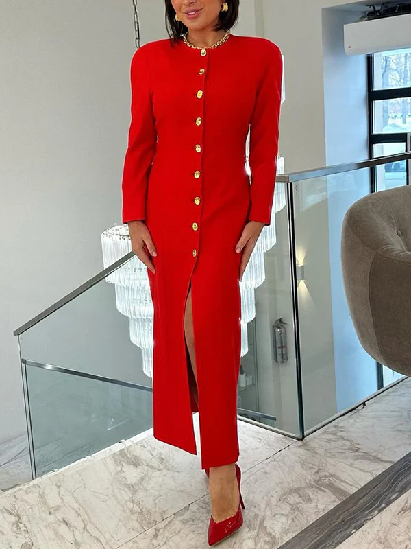 Bodycon Long Sleeves Buttoned Solid Color V-Neck Maxi Dresses Shirt Dress - Image 8