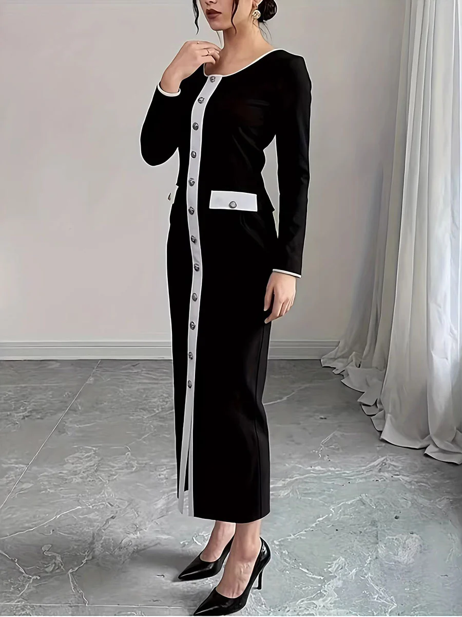Bodycon Long Sleeves Buttoned Split-Joint Round-Neck Maxi Dresses - Image 2