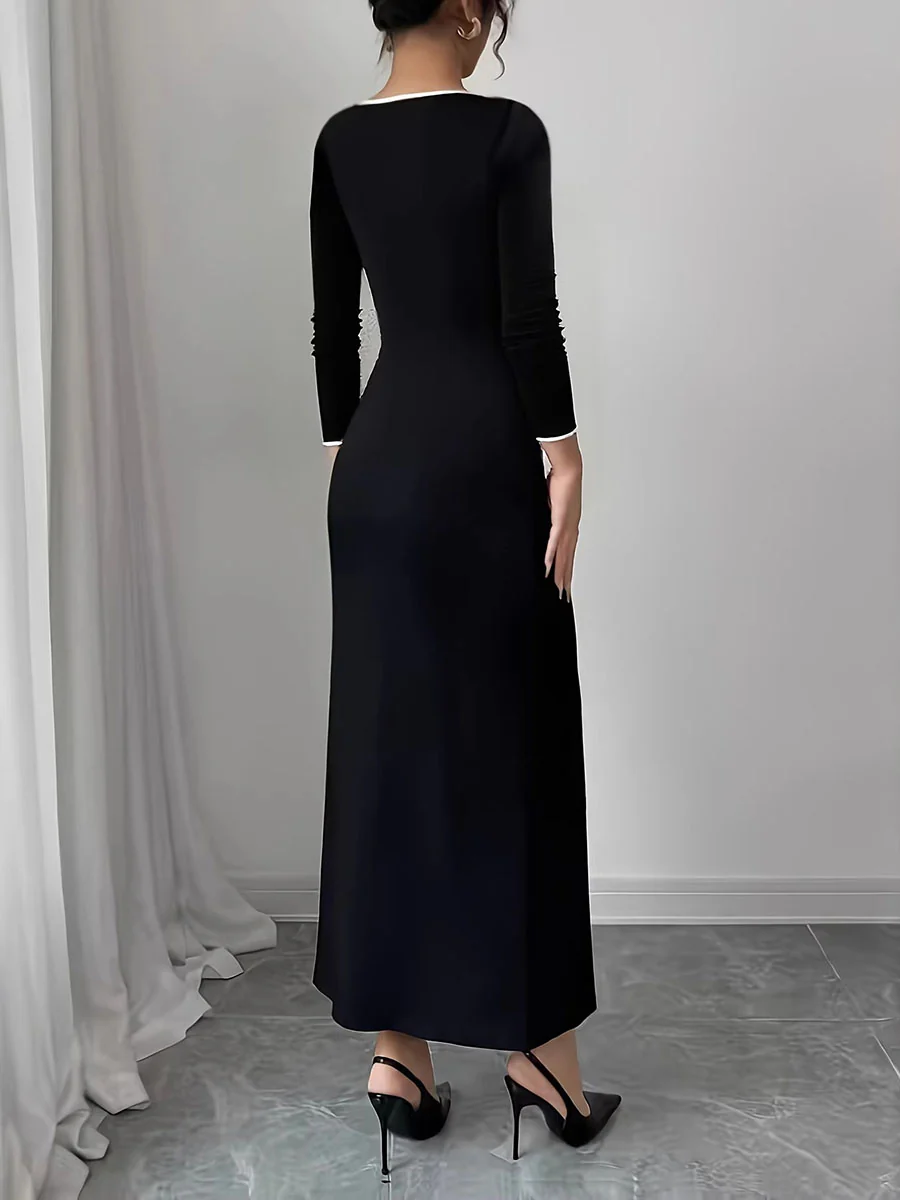 Bodycon Long Sleeves Buttoned Split-Joint Round-Neck Maxi Dresses - Image 3