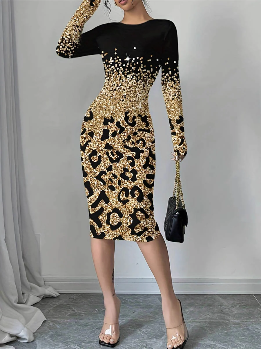 Bodycon Long Sleeves Contrast Color Leopard Shiny Split-Joint Round-Neck Midi Dresses - Image 2