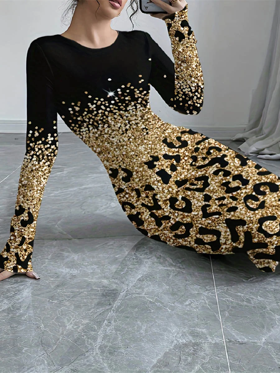 Bodycon Long Sleeves Contrast Color Leopard Shiny Split-Joint Round-Neck Midi Dresses - Image 3