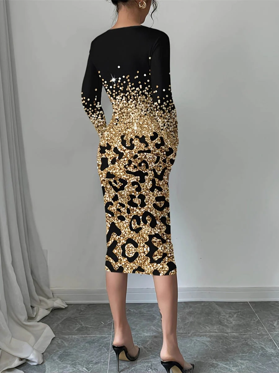 Bodycon Long Sleeves Contrast Color Leopard Shiny Split-Joint Round-Neck Midi Dresses - Image 4