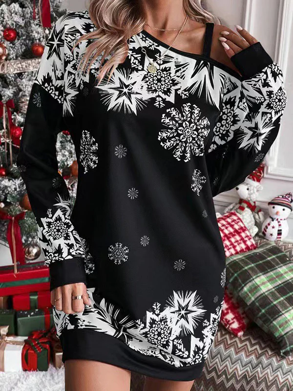 Bodycon Long Sleeves Contrast Color Printed Split-Joint One-Shoulder Midi Dresses - Image 4