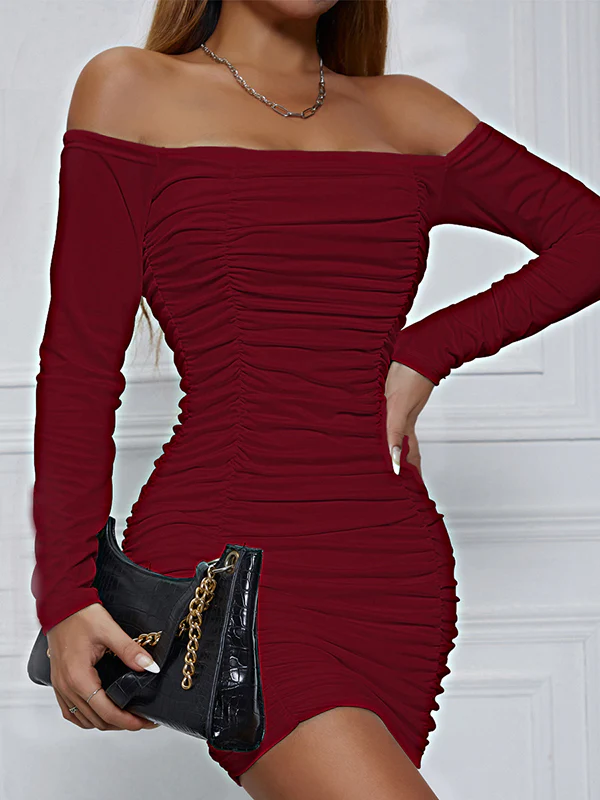 Bodycon Long Sleeves Elasticity Pleated Solid Color Off-The-Shoulder Mini Dresses - Image 15