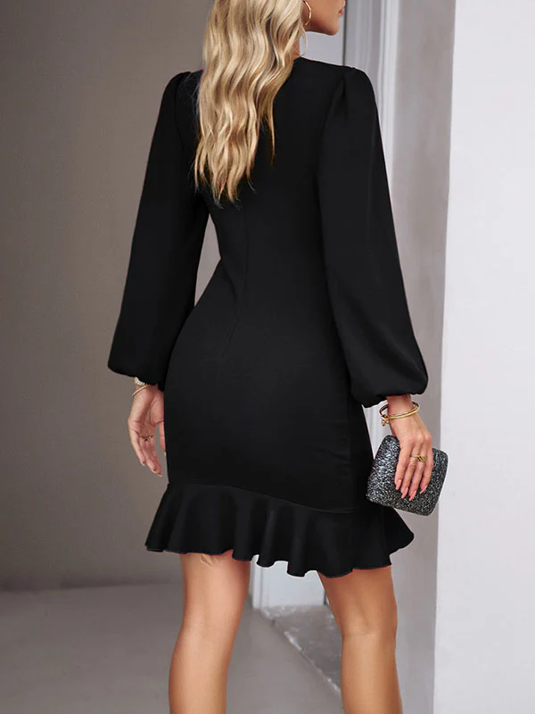 Bodycon Long Sleeves Falbala Solid Color Mini Dresses - Image 14