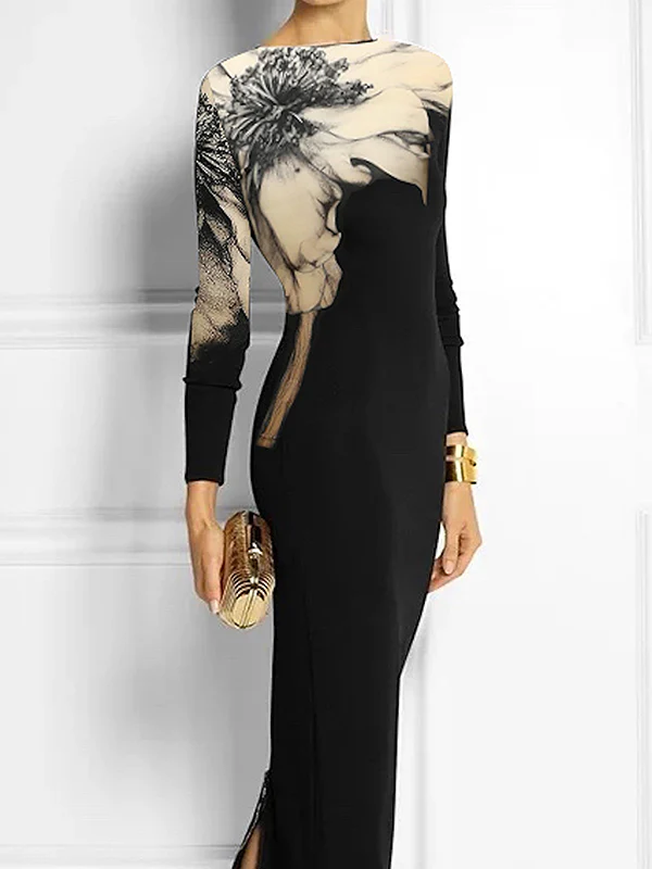 Bodycon Long Sleeves Floral Printed Boat Neck Maxi Dresses - Image 2