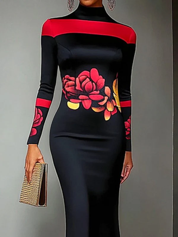 Bodycon Long Sleeves Flower Print High Neck Midi Dresses - Image 2