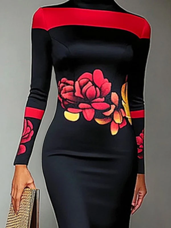 Bodycon Long Sleeves Flower Print High Neck Midi Dresses - Image 3