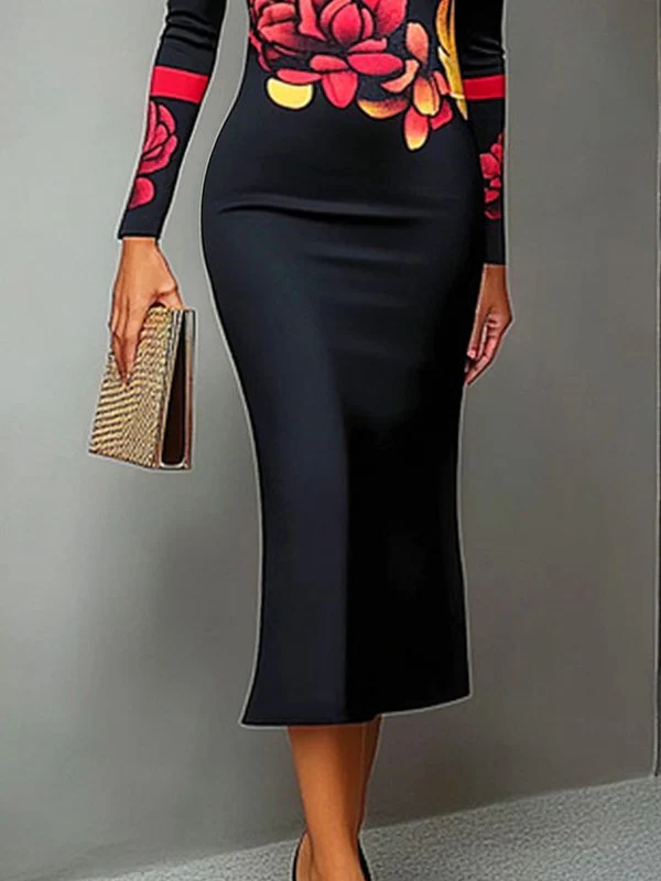 Bodycon Long Sleeves Flower Print High Neck Midi Dresses - Image 4