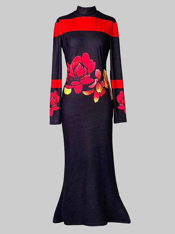 Bodycon Long Sleeves Flower Print High Neck Midi Dresses - Image 5
