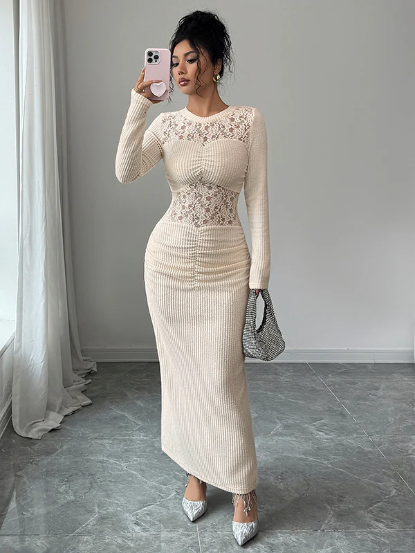 Bodycon Long Sleeves Hollow Lacy Pleated Solid Color Split-Back Split-Joint Zipper Round-Neck Maxi Dresses - Image 2